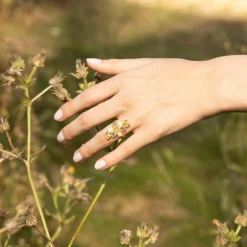 Moonstone Bagues|Bague Maya Labradorite grise & Pierre de lune en laiton doré