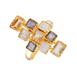 Moonstone Bagues|Bague Maya Labradorite grise & Pierre de lune en laiton doré