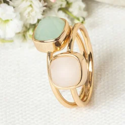 Moonstone Bagues|Bague Naelia Quartz rose & Amazonite en laiton doré