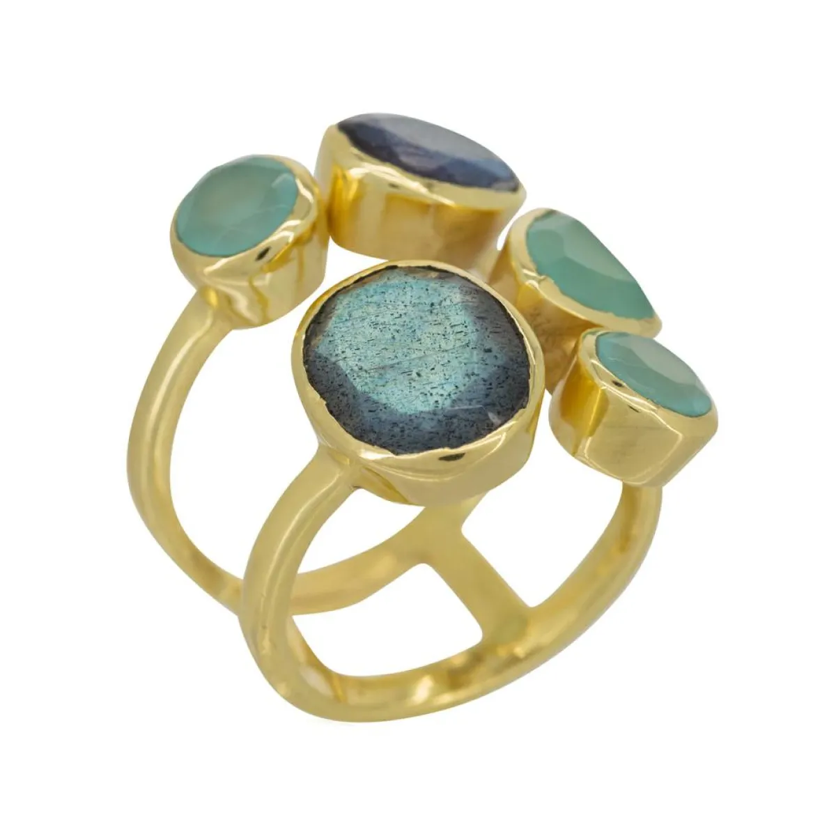 Moonstone Bagues|Bague Tatiana Labradorite & Aqua Calci en laiton doré