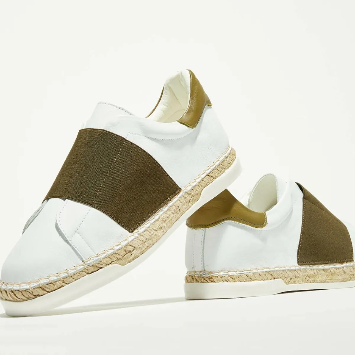 Canal Saint Martin Baskets|Baskets espadrilles en Cuir Lancry blanc/kaki foncé