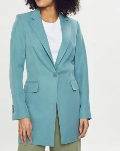Esprit Vestes, Blousons|Blazer long en Lin mélangé bleu turquoise