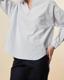 Chloé Stora Tops Et Blouses|Blouse ample en Coton Couronne rayée bleu ciel