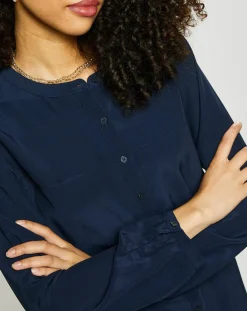 Esprit Tops Et Blouses|Blouse col mao boutons bleu marine