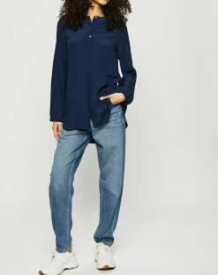 Esprit Tops Et Blouses|Blouse col mao boutons bleu marine