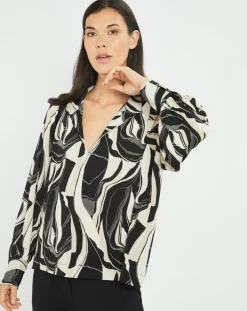 Lauren Vidal Tops Et Blouses|Blouse fluide Store imprimée rétro noir/écru