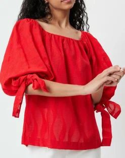 Derhy Tops Et Blouses|Blouse Ralenti texturée manches bouffantes rouge