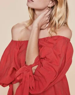 Derhy Tops Et Blouses|Blouse Ralenti texturée manches bouffantes rouge