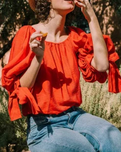 Derhy Tops Et Blouses|Blouse Ralenti texturée manches bouffantes rouge