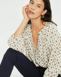 Lauren Vidal Tops Et Blouses|Blouse satinée Store imprimée luciole écrue