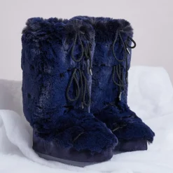 Moon Boot Bottines|Boots Après-ski en Velours de Cuir et fausse fourrure Soft Fur bleu foncé