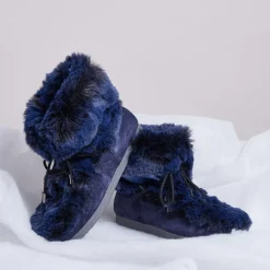 Moon Boot Bottines|Boots Après-ski en Velours de Cuir & fausse Fourrure Mid Soft Fur bleu foncé