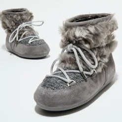 Moon Boot Bottes|Boots Basses en Velours de Cuir & Fausse Fourrure Side Wool grises