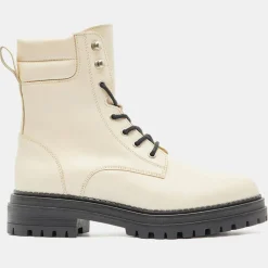 Galeries Lafayette Bottines|Boots en Cuir à lacets col matelassé beiges - Talon 3 cm