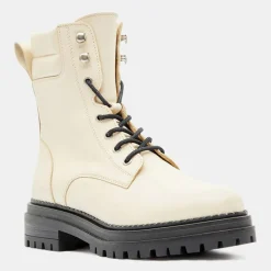 Galeries Lafayette Bottines|Boots en Cuir à lacets col matelassé beiges - Talon 3 cm