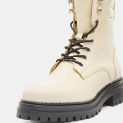 Galeries Lafayette Bottines|Boots en Cuir à lacets col matelassé beiges - Talon 3 cm