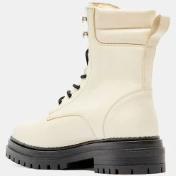 Galeries Lafayette Bottines|Boots en Cuir à lacets col matelassé beiges - Talon 3 cm