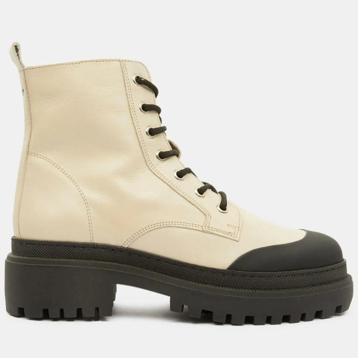 Galeries Lafayette Bottines|Boots en Cuir à lacets contrastées beiges - Talon 4,5 cm