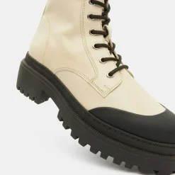 Galeries Lafayette Bottines|Boots en Cuir à lacets contrastées beiges - Talon 4,5 cm
