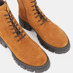Galeries Lafayette Bottines|Boots en Cuir à lacets semelle épaisse camel - Talon 4,5 cm
