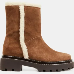 Galeries Lafayette Bottines|Boots en Velours de Cuir fourrée camel - Talon 5 cm