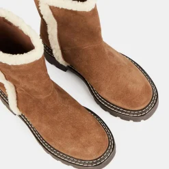 Galeries Lafayette Bottines|Boots en Velours de Cuir fourrée camel - Talon 5 cm