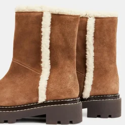 Galeries Lafayette Bottines|Boots en Velours de Cuir fourrée camel - Talon 5 cm