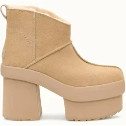 Ugg Bottines|Bottes en Velours de Cuir New Heights Platform Mini beiges - Talon 11,4 cm