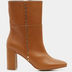 Galeries Lafayette Bottines|Bottines en Cuir à talon haut et clous camel - Talon 9 cm