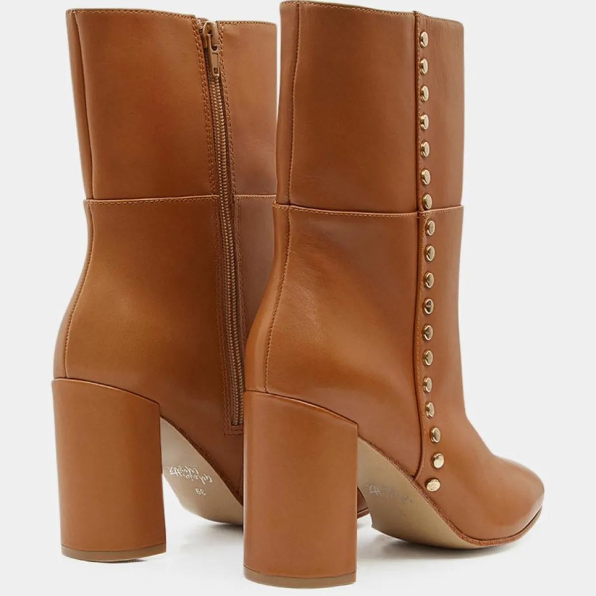 Galeries Lafayette Bottines|Bottines en Cuir à talon haut et clous camel - Talon 9 cm