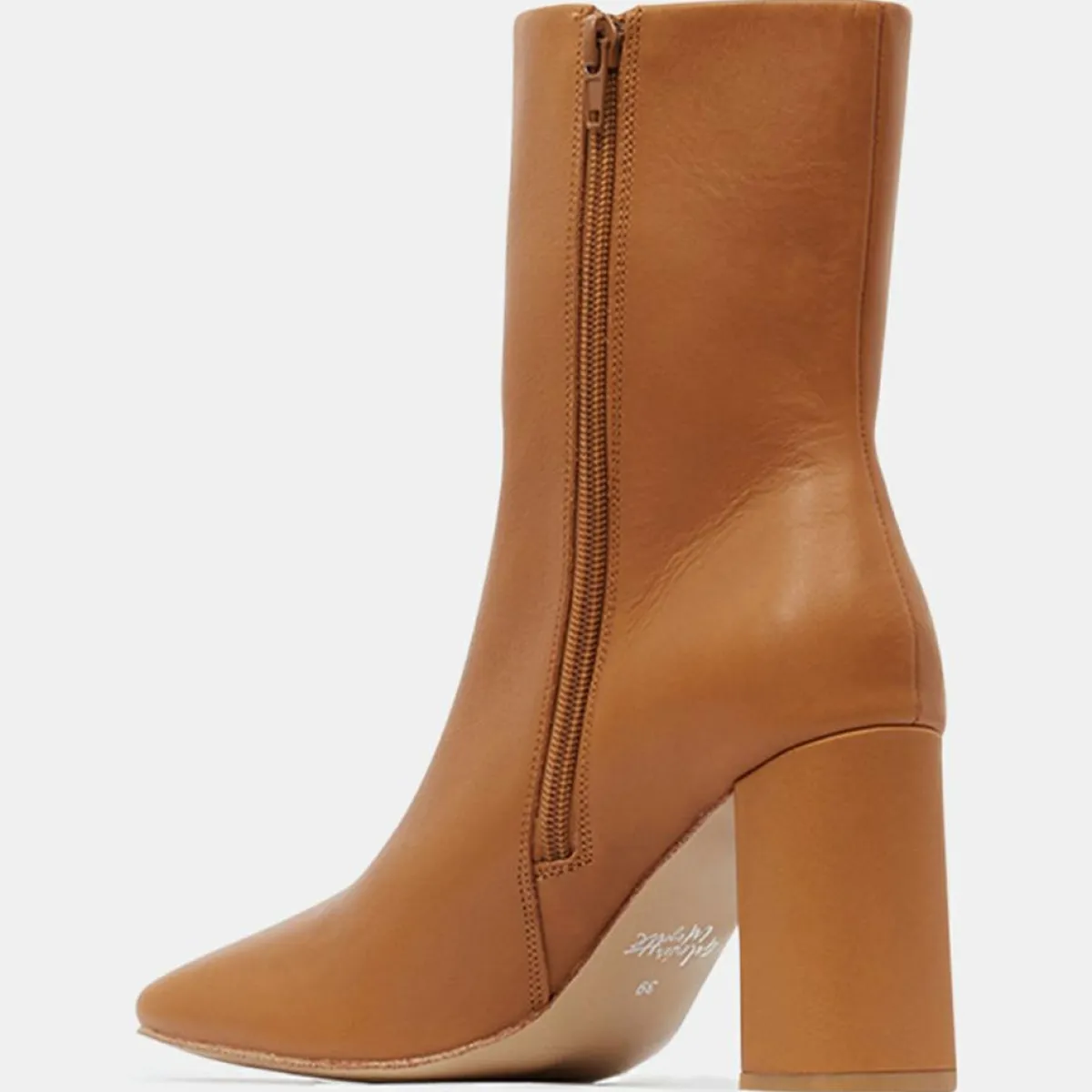 Galeries Lafayette Bottines|Bottines en Cuir talon bout carré camel - Talon 7 cm