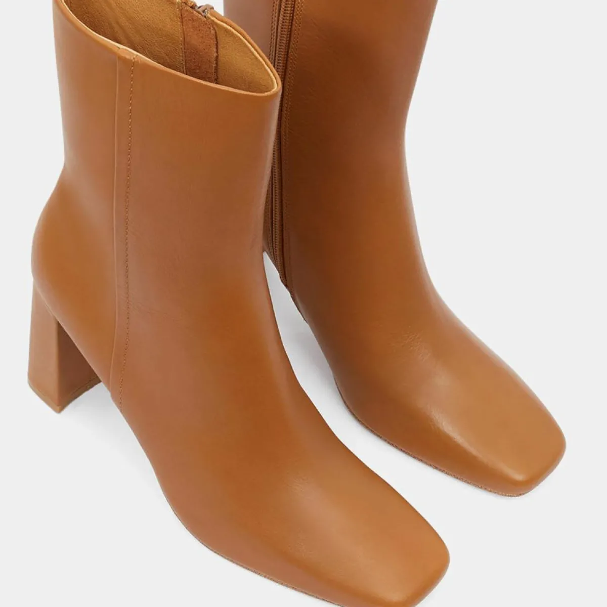 Galeries Lafayette Bottines|Bottines en Cuir talon bout carré camel - Talon 7 cm