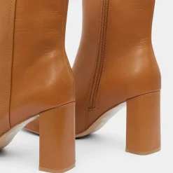 Galeries Lafayette Bottines|Bottines en Cuir talon bout carré camel - Talon 7 cm