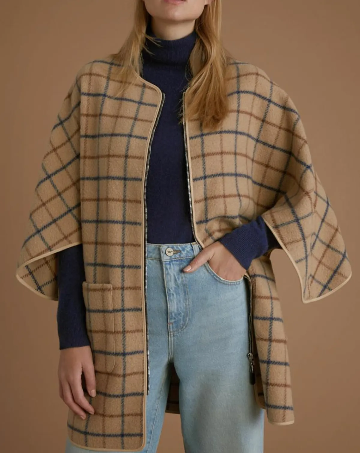 Cyrillus Vestes, Blousons|Cape en Laine mélangée à carreaux beige moyen