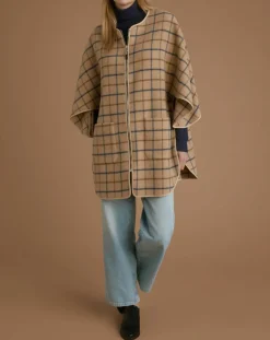 Cyrillus Vestes, Blousons|Cape en Laine mélangée à carreaux beige moyen