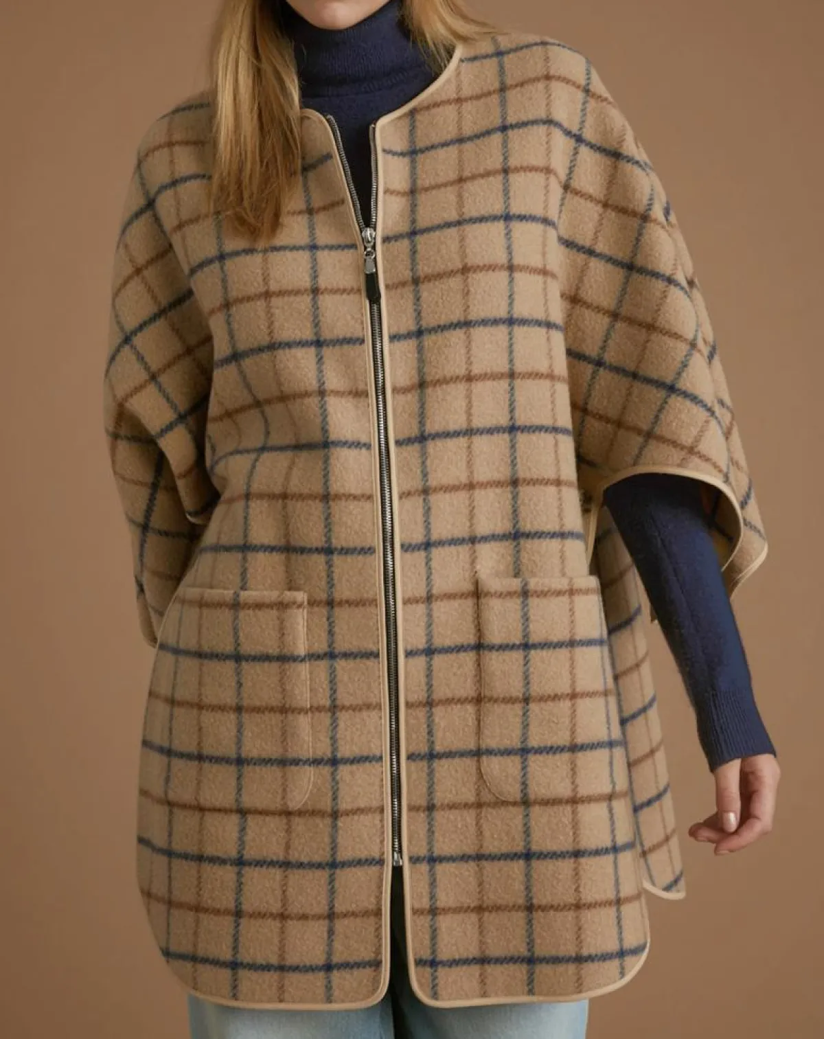 Cyrillus Vestes, Blousons|Cape en Laine mélangée à carreaux beige moyen