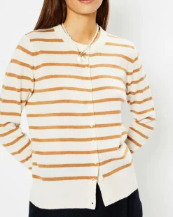 Galeries Lafayette Gilets Et Cardigans|Cardigan en Laine & Cachemire Sacao rayé col rond beige/écru