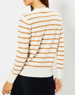 Galeries Lafayette Gilets Et Cardigans|Cardigan en Laine & Cachemire Sacao rayé col rond beige/écru