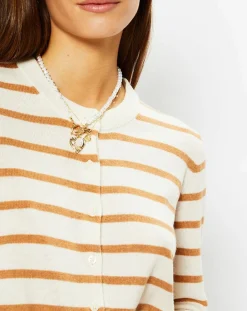 Galeries Lafayette Gilets Et Cardigans|Cardigan en Laine & Cachemire Sacao rayé col rond beige/écru