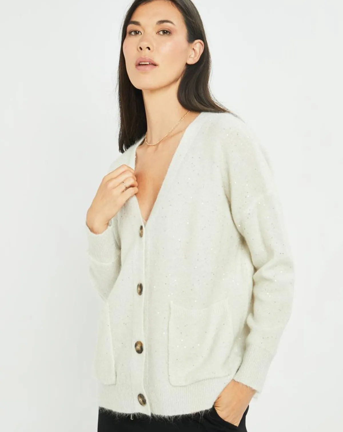 Lauren Vidal Gilets Et Cardigans|Cardigan en Laine & Mohair mélangés Basal à sequins blanc perle
