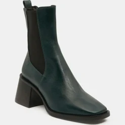 Galeries Lafayette Bottines|Chelsea Boots en Cuir talon flare bout carré vertes - Talon 6 cm