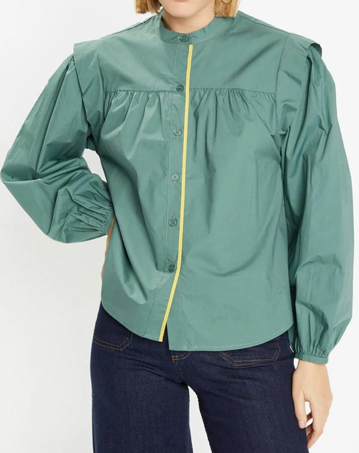 Galeries Lafayette Chemises|Chemise en Coton Piping emmanchures relief vert