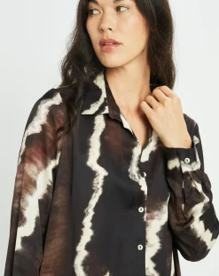 Lauren Vidal Chemises|Chemise satinée Plume imprimée café