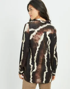 Lauren Vidal Chemises|Chemise satinée Plume imprimée café