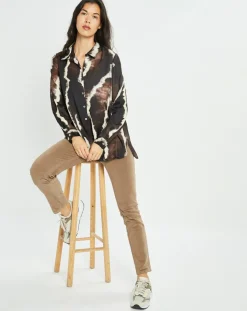 Lauren Vidal Chemises|Chemise satinée Plume imprimée café