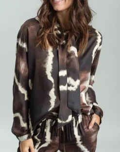 Lauren Vidal Chemises|Chemise satinée Plume imprimée café