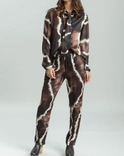 Lauren Vidal Chemises|Chemise satinée Plume imprimée café