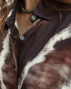 Lauren Vidal Chemises|Chemise satinée Plume imprimée café