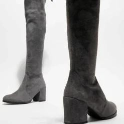 Stuart Weitzman Bottes|Cuissardes en Velours de Cuir Tieland grises - Talon 7.5 cm