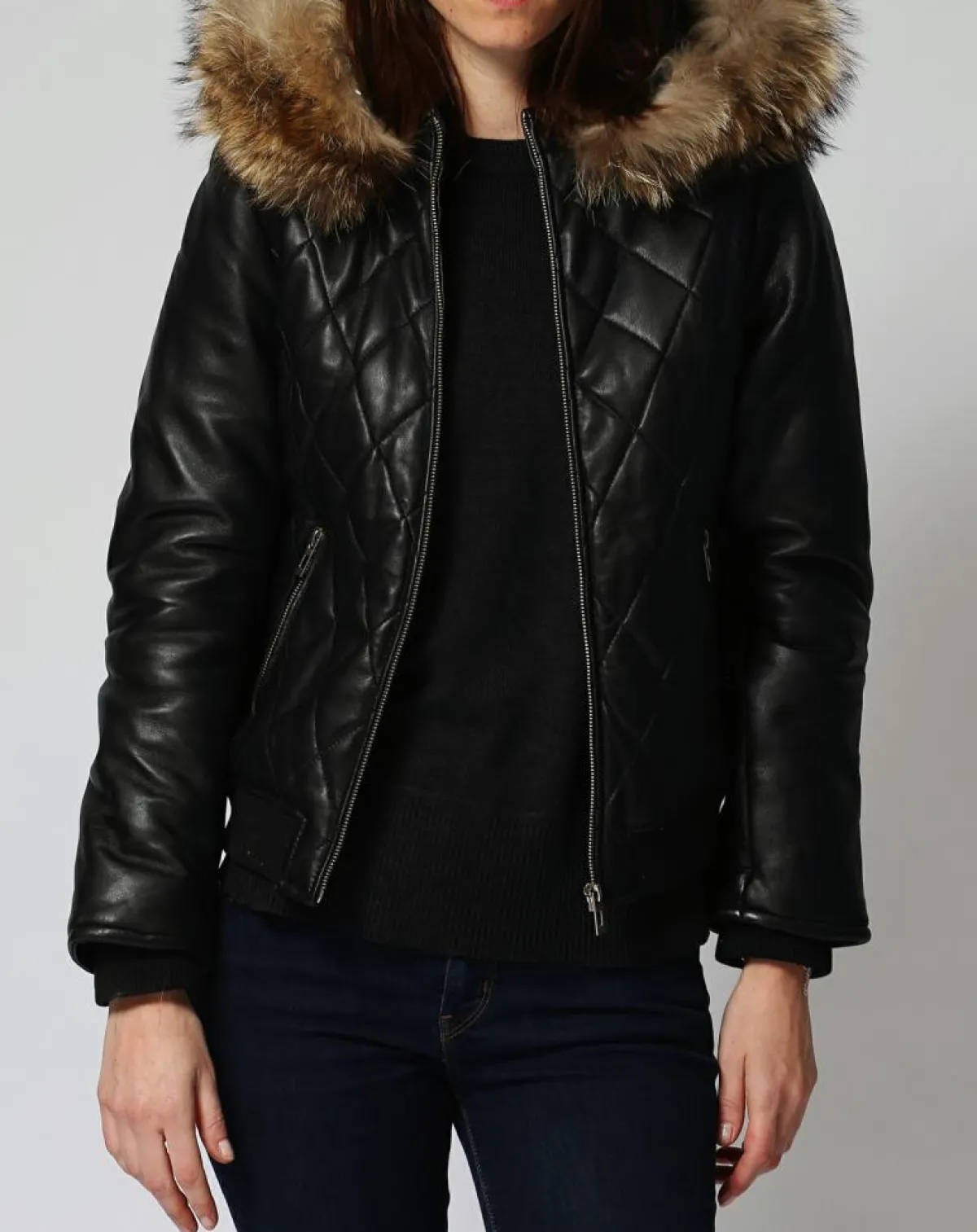 Chyston Vestes, Blousons|Doudoune en Cuir Nimba noire